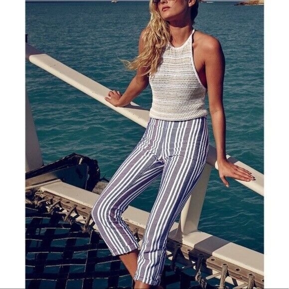 Free People Pants Stripe Mod Linen Blend Skinny Ankle Crop - Picture 2 of 12
